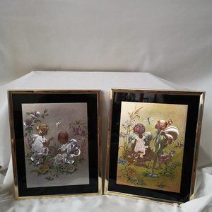 Set of Two Vintage Foil Art Fairies Mushroom Dragonfly One Silver Foil One Gold